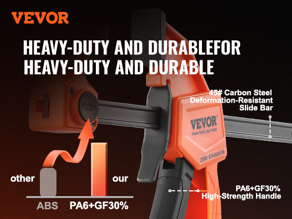 VEVOR woodworking bar clamps with pa6+gf30% high-strength handle and 45# carbon steel slide bar.