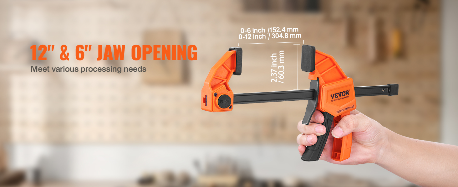 VEVOR clamp with 12" and 6" jaw opening, meeting various processing needs.