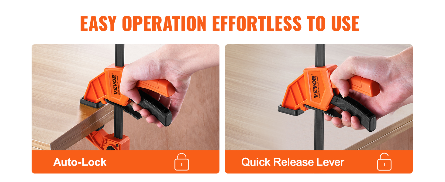 VEVOR woodworking bar clamps with auto-lock and quick release lever for easy operation.