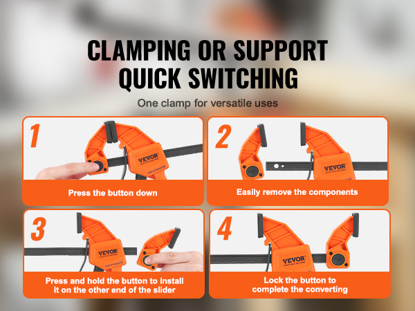 VEVOR woodworking bar clamps instructions for quick switching and versatile clamping support.