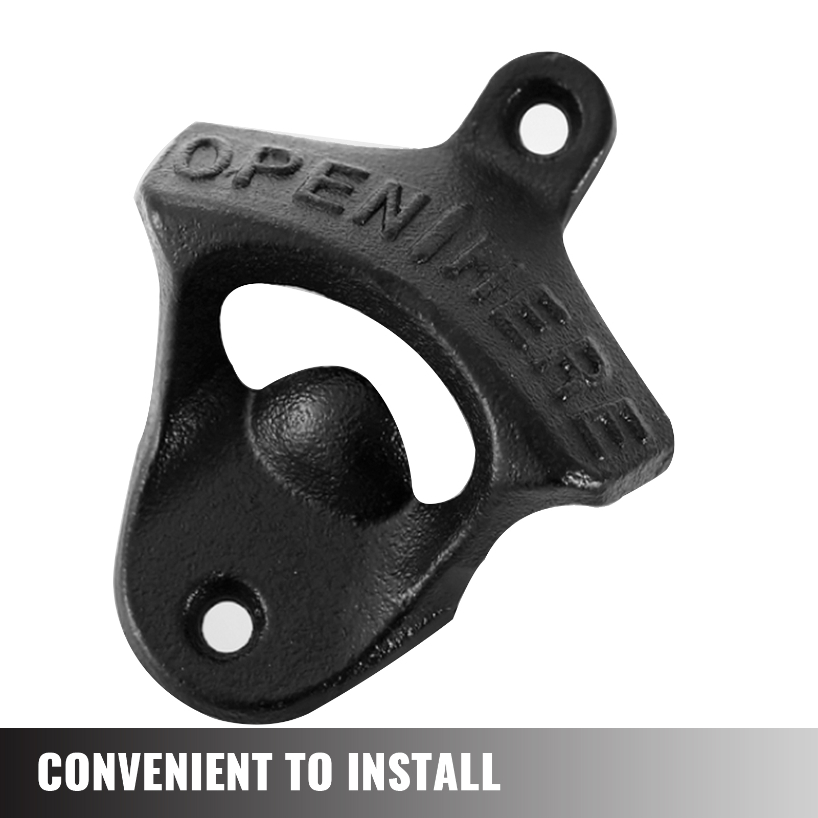 melns VEVOR čuguna pudeļu atvērējs, pie sienas, ar reljefu "open here".
