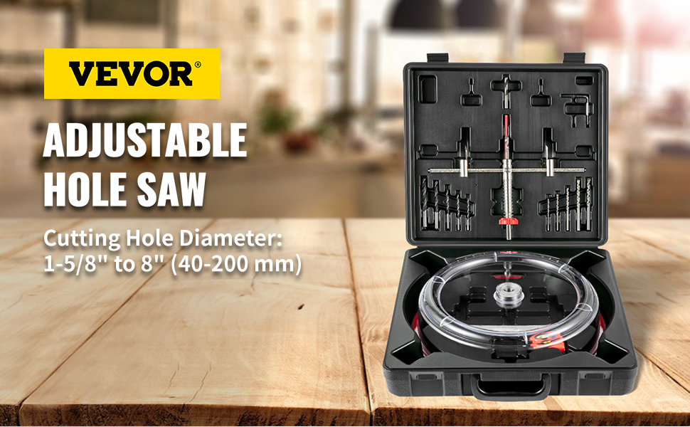 VEVOR hole saw cutter kit with adjustable hole saw and accessories in a black case on a wooden table.