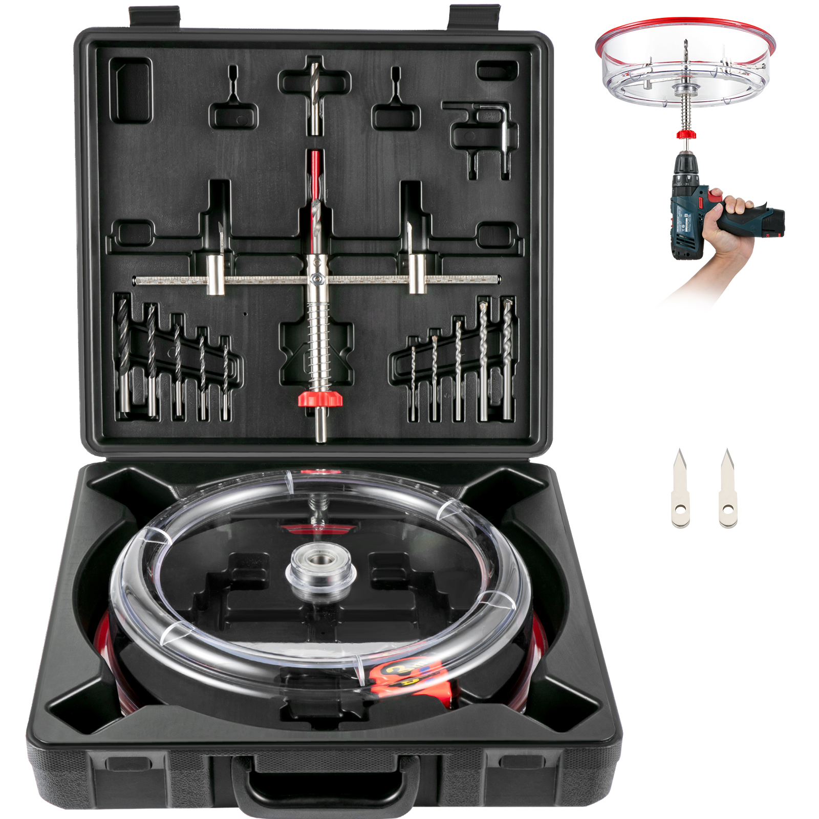 VEVOR hole saw cutter kit with various drill bits in a black case, handheld example, and additional blades.