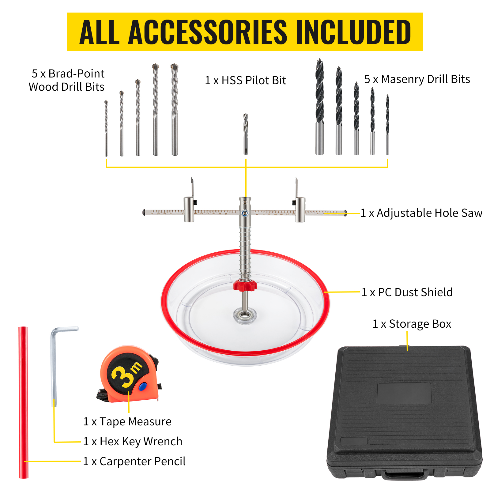 all accessories for VEVOR hole saw cutter kit, including drill bits, adjustable hole saw, pc dust shield, and storage box.
