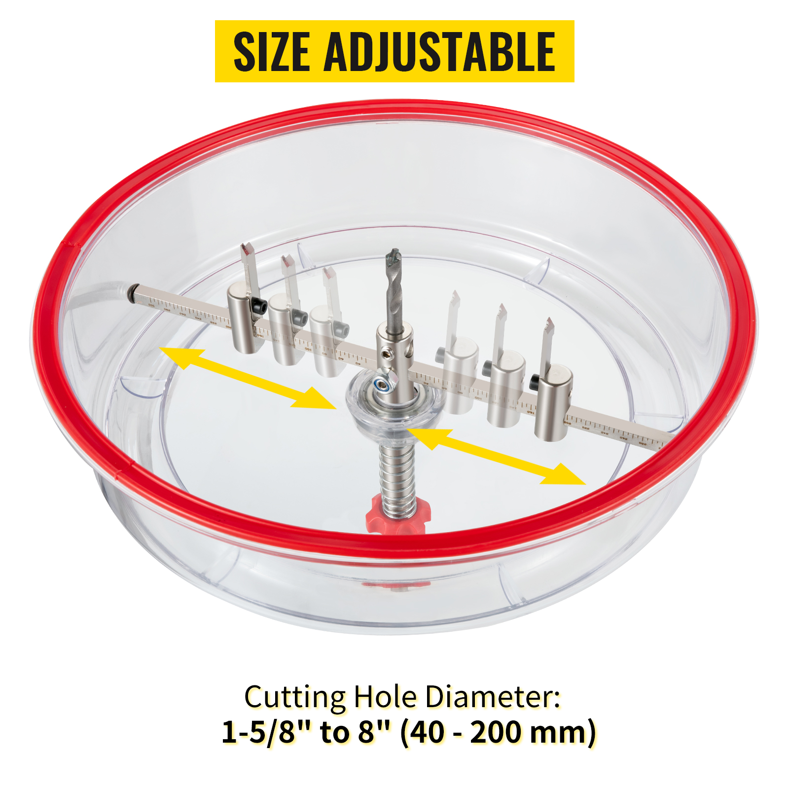 VEVOR hole saw cutter kit with adjustable cutting diameter from 1-5/8" to 8" (40-200mm).