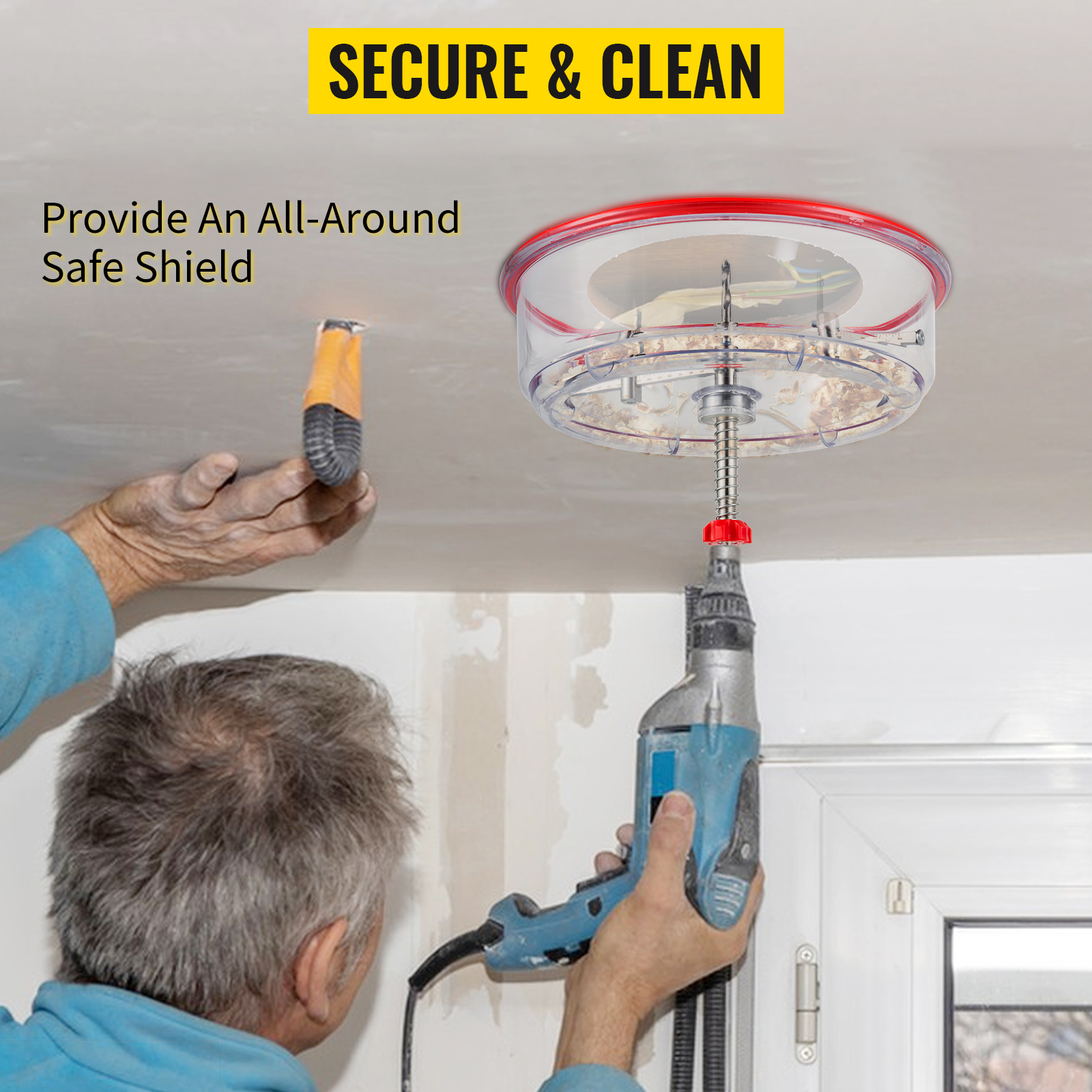 handyman using VEVOR hole saw cutter kit to drill ceiling, promoting a clean and secure workspace.