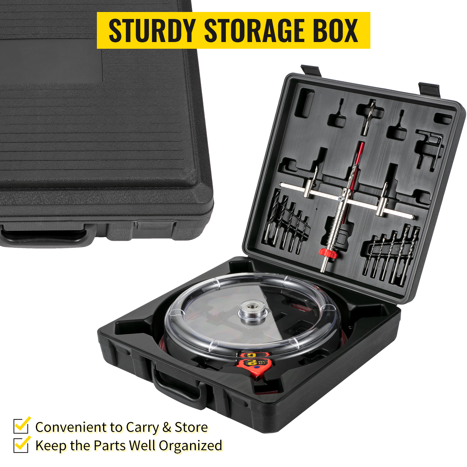 VEVOR hole saw cutter kit in a sturdy storage box, keeping parts organized and easy to carry.