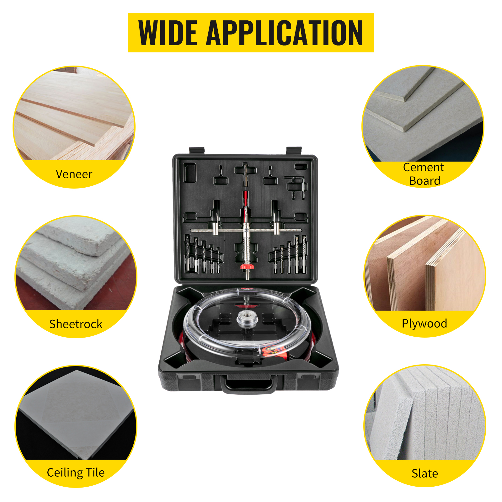 VEVOR hole saw cutter kit for veneer, sheetrock, cement board, plywood, ceiling tile, and slate.