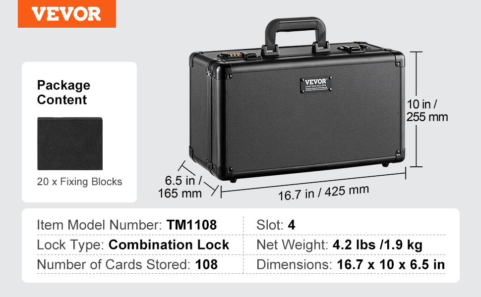 VEVOR card storage box, black, combination lock, stores 108 cards, 16.7x10x6.5 in, 4 slots, 4.2 lbs.