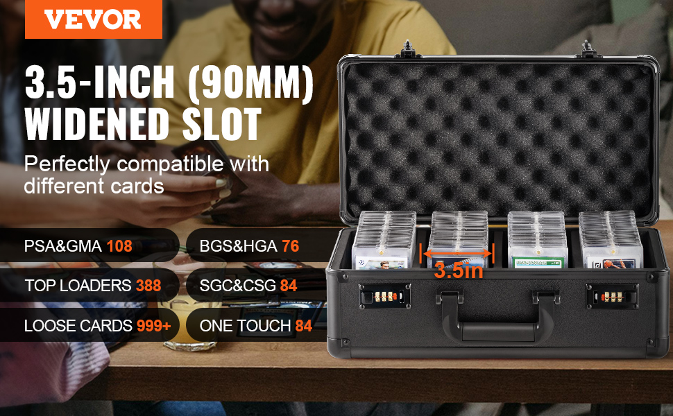 VEVOR card storage box with 3.5-inch widened slots, holding various card grades and types.
