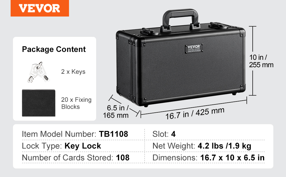 VEVOR card storage box tb1108 with key lock, 4 slots, dimensions 16.7 x 10 x 6.5 inches, includes keys and fixing blocks.