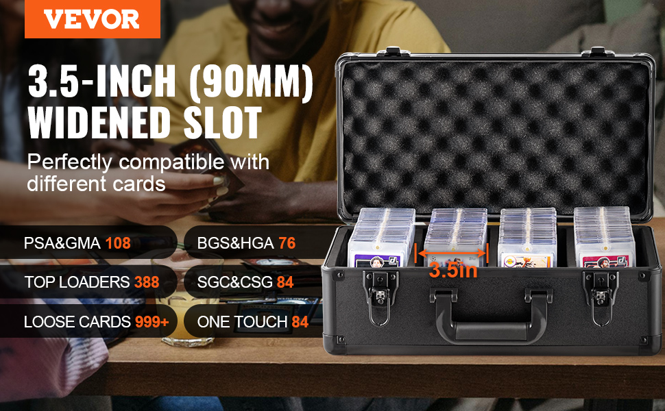 VEVOR card storage box with 3.5-inch widened slot, fitting psa, bgs, top loaders, loose cards, and more.