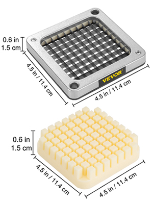 VEVOR french fry blade assembly with precise measurements, showcasing metal and plastic components.