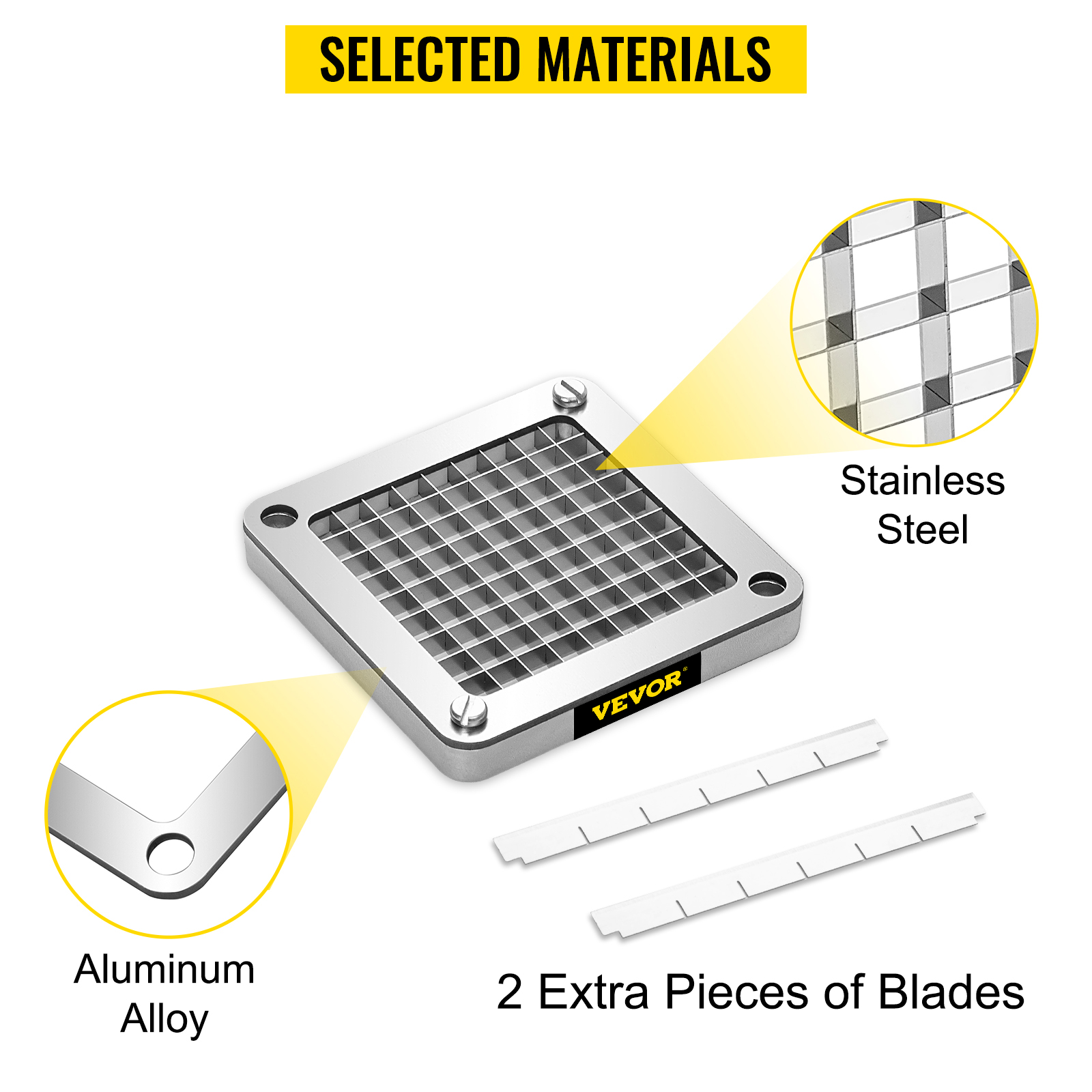 VEVOR french fry blade assembly with stainless steel grid and aluminum alloy frame, includes 2 extra blades.