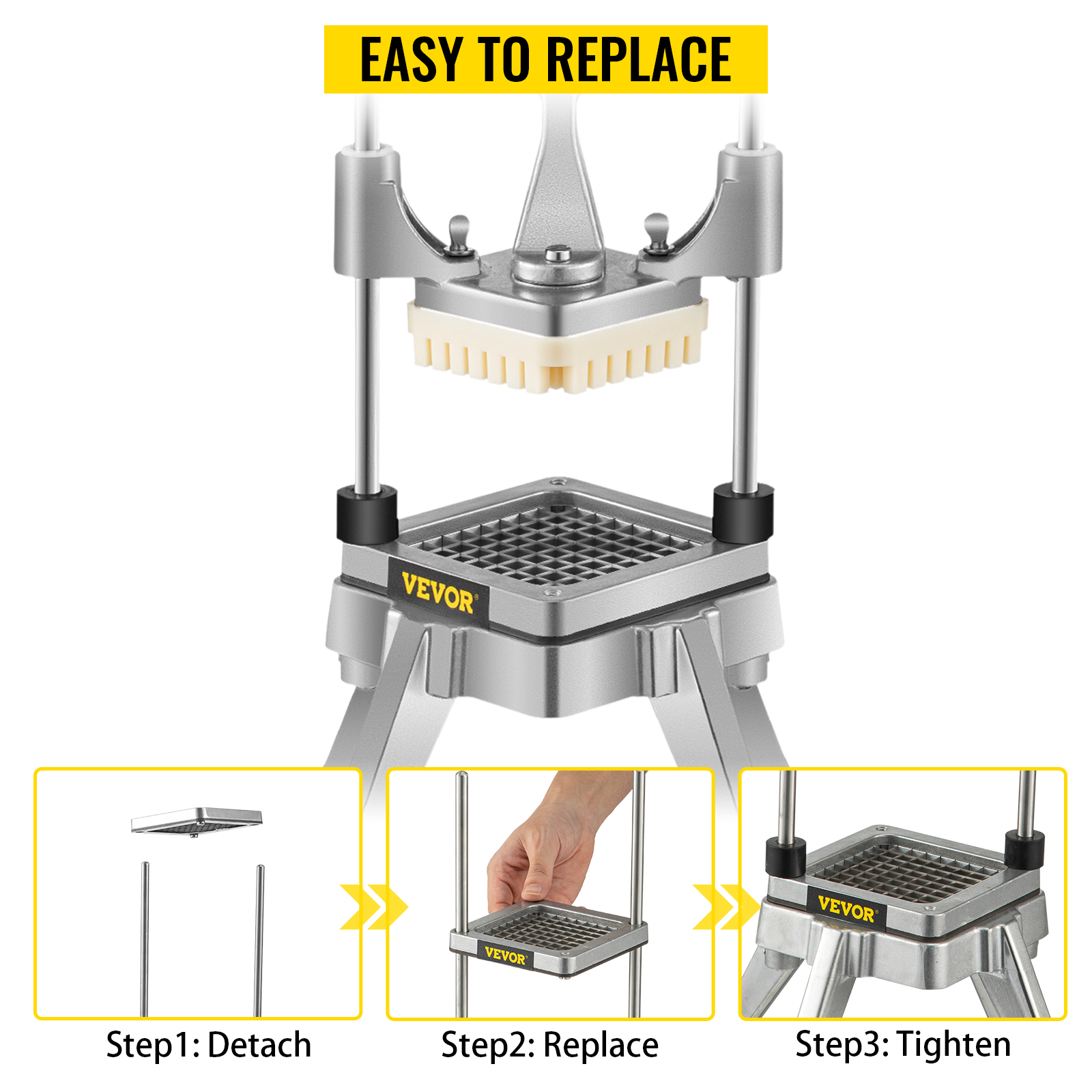 easy replacement steps for VEVOR french fry blade assembly: detach, replace, tighten.