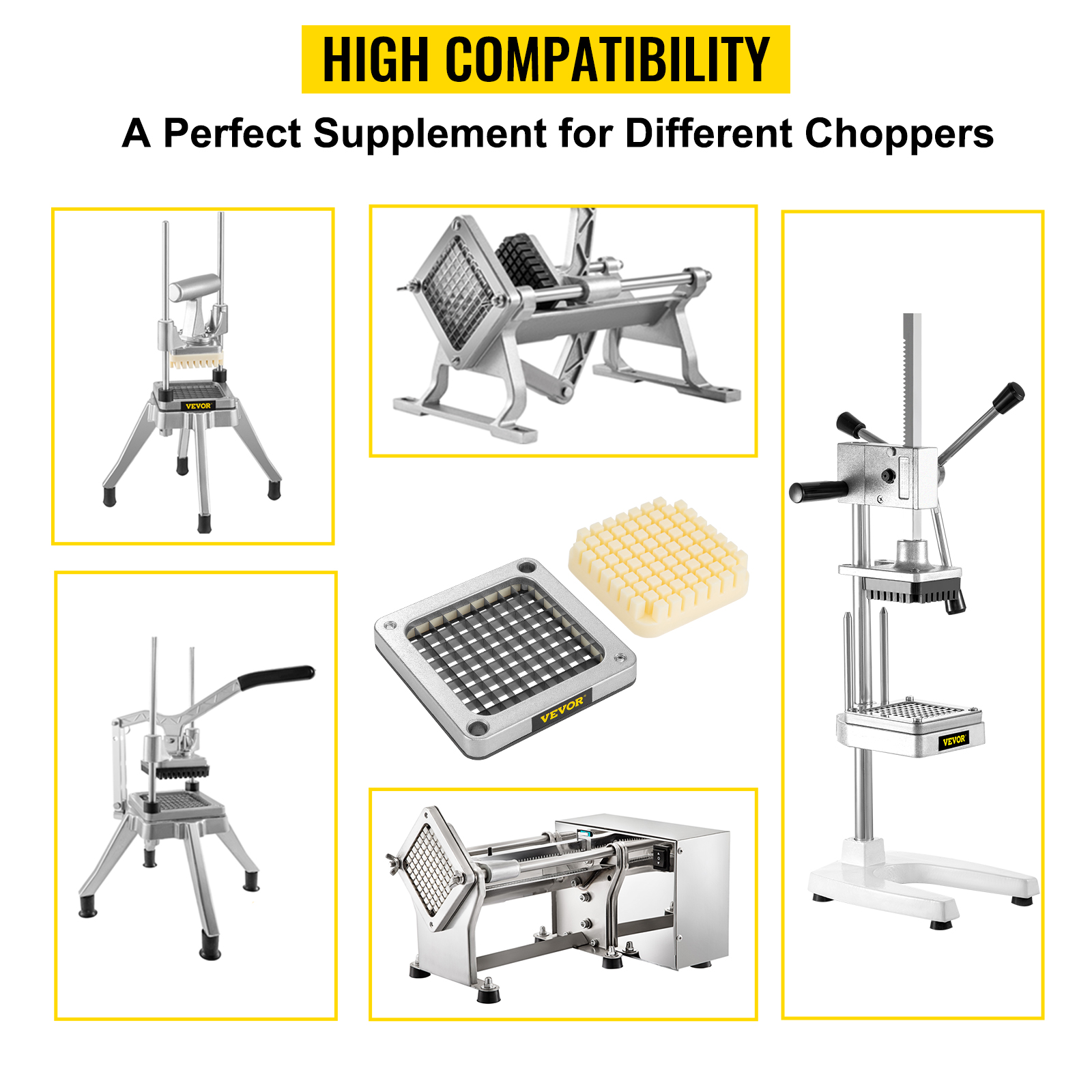 VEVOR french fry blade assembly displayed with various chopper configurations for high compatibility.