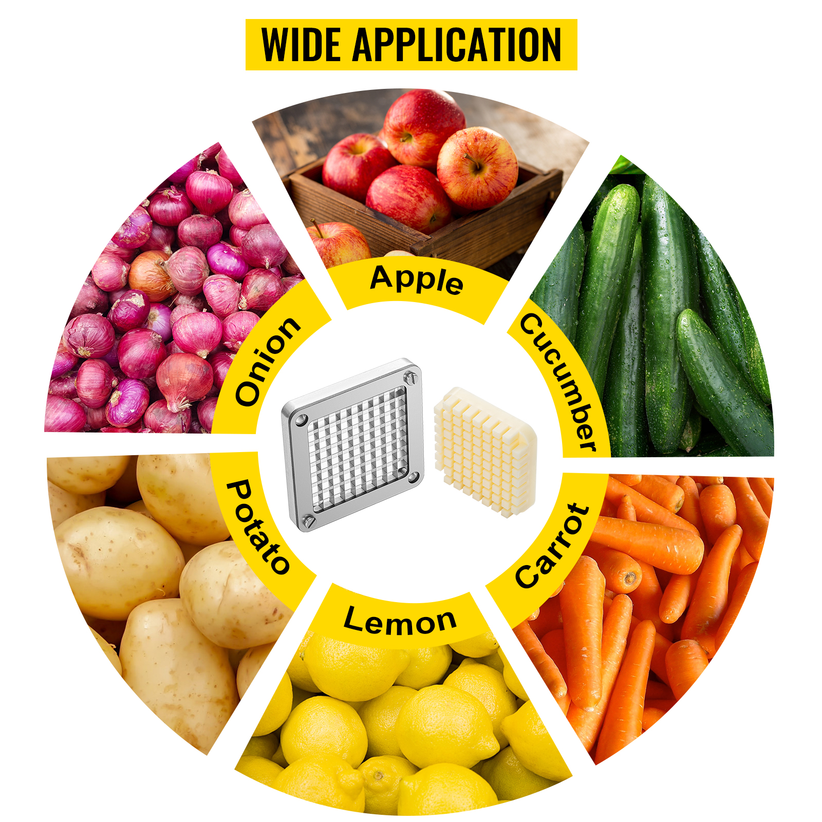 VEVOR french fry blade assembly surrounded by images of sliced apple, cucumber, carrot, lemon, potato, onion.