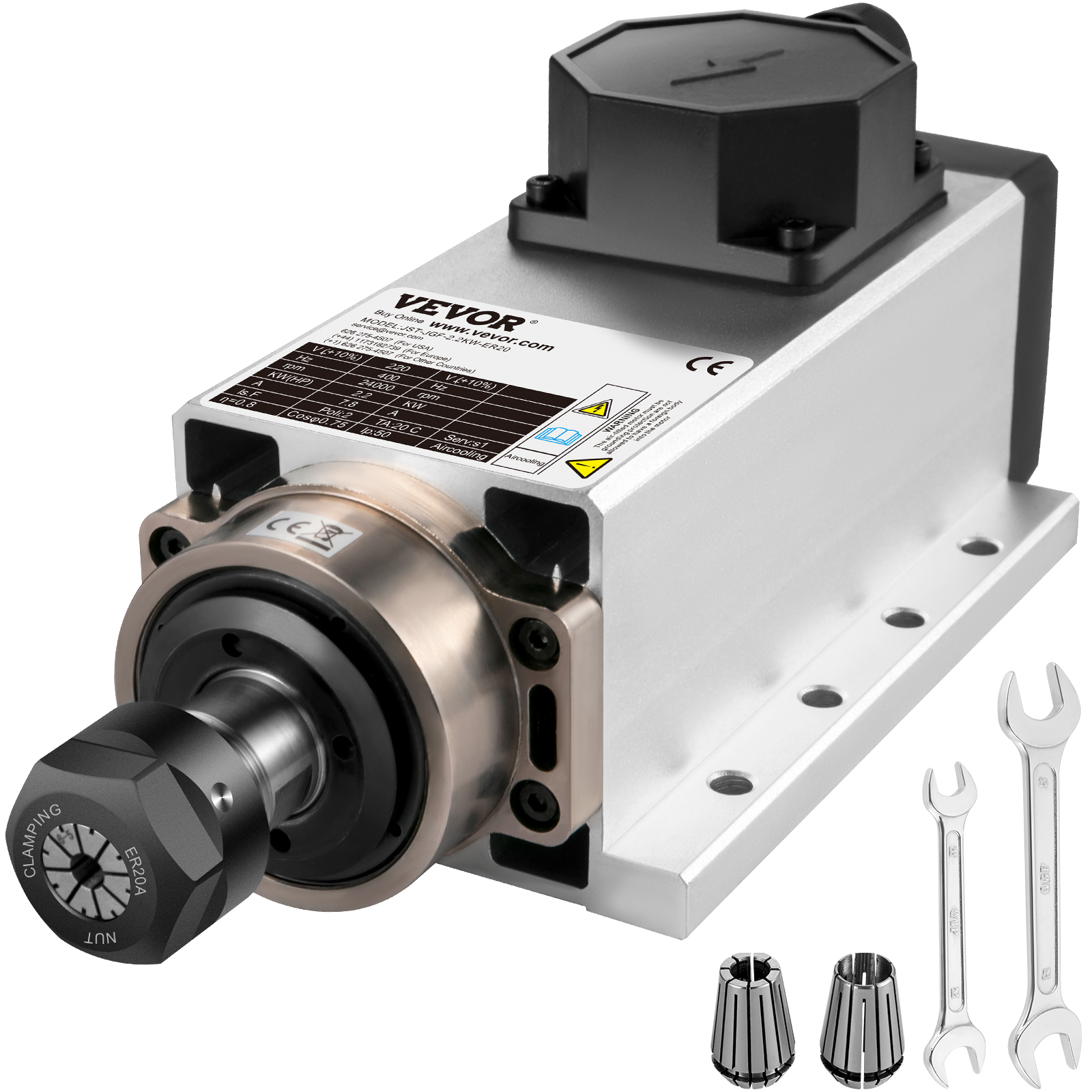 VEVOR air cooled spindle motor with accessories including collets and wrenches.