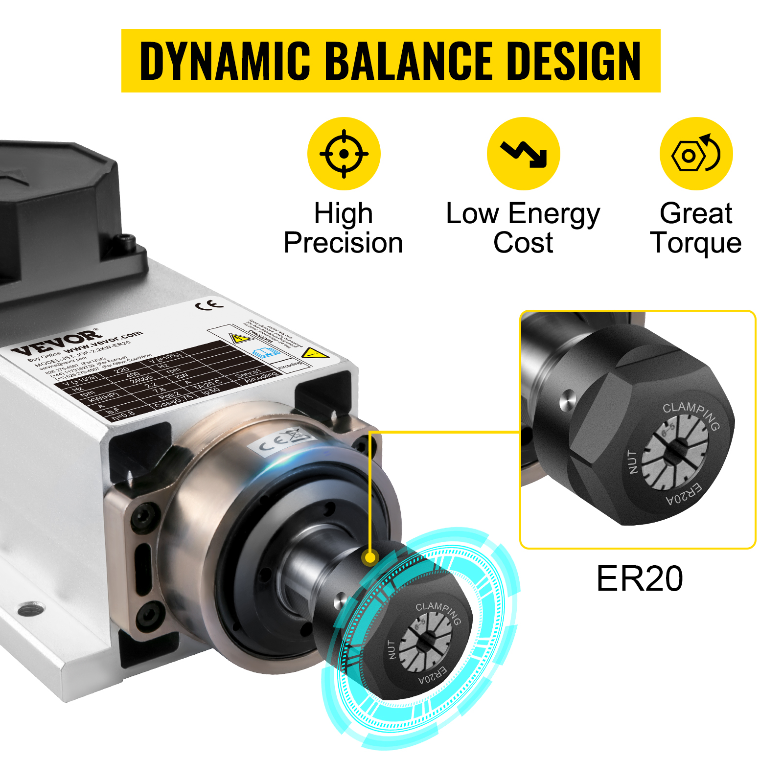 VEVOR air cooled spindle motor with dynamic balance design, high precision, er20.