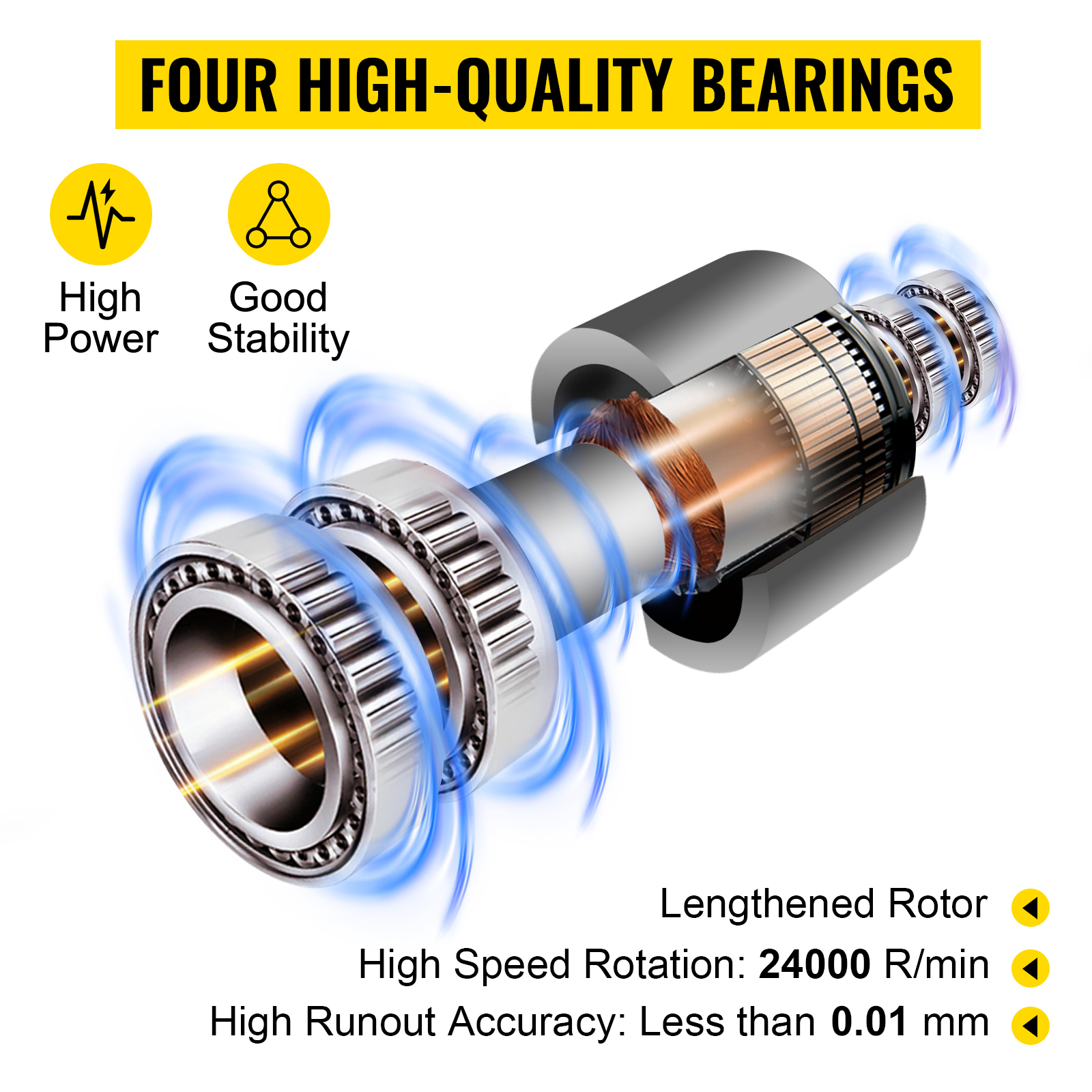 four high-quality bearings with VEVOR air cooled spindle motor, 24000 rpm, 0.01mm accuracy.