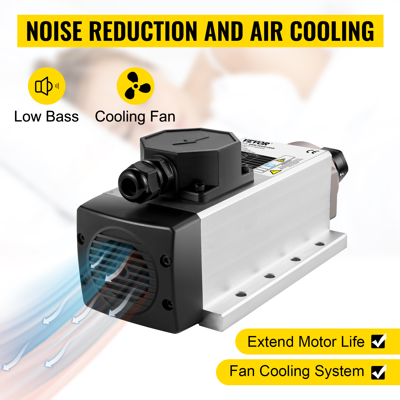 VEVOR air cooled spindle motor with noise reduction, low bass, and cooling fan.