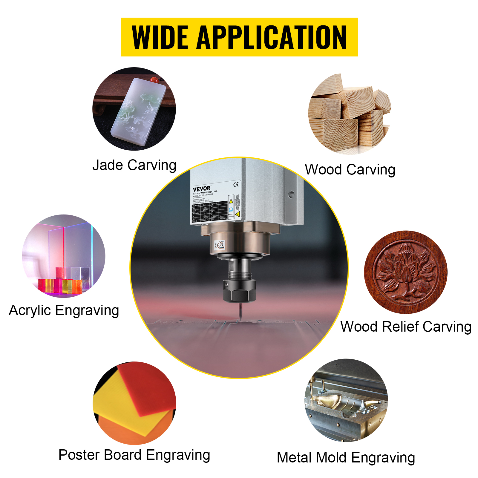 VEVOR air cooled spindle motor for jade, acrylic, wood, metal, and poster board engraving.