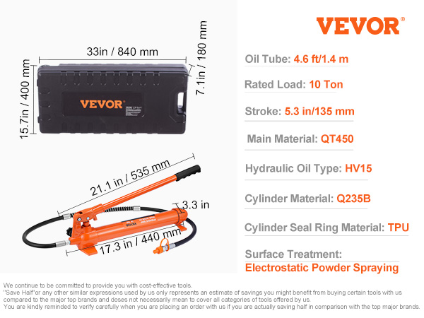 VEVOR porta power kit with hydraulic ram, spreader ram toe, wedge head, and extension tubes.
