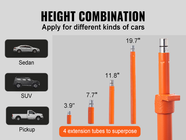 height combination of VEVOR porta power kit for sedan, suv, and pickup with 4 extension tubes.