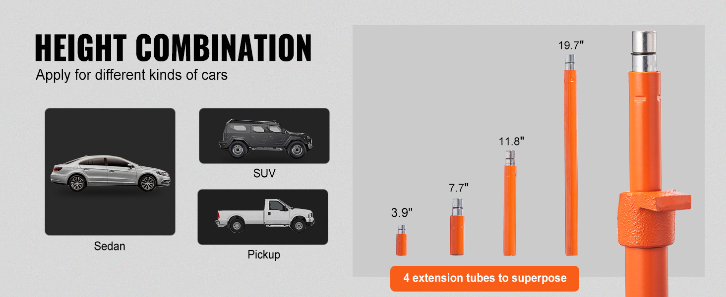 height combination of VEVOR porta power kit for sedan, suv, and pickup with 4 extension tubes.