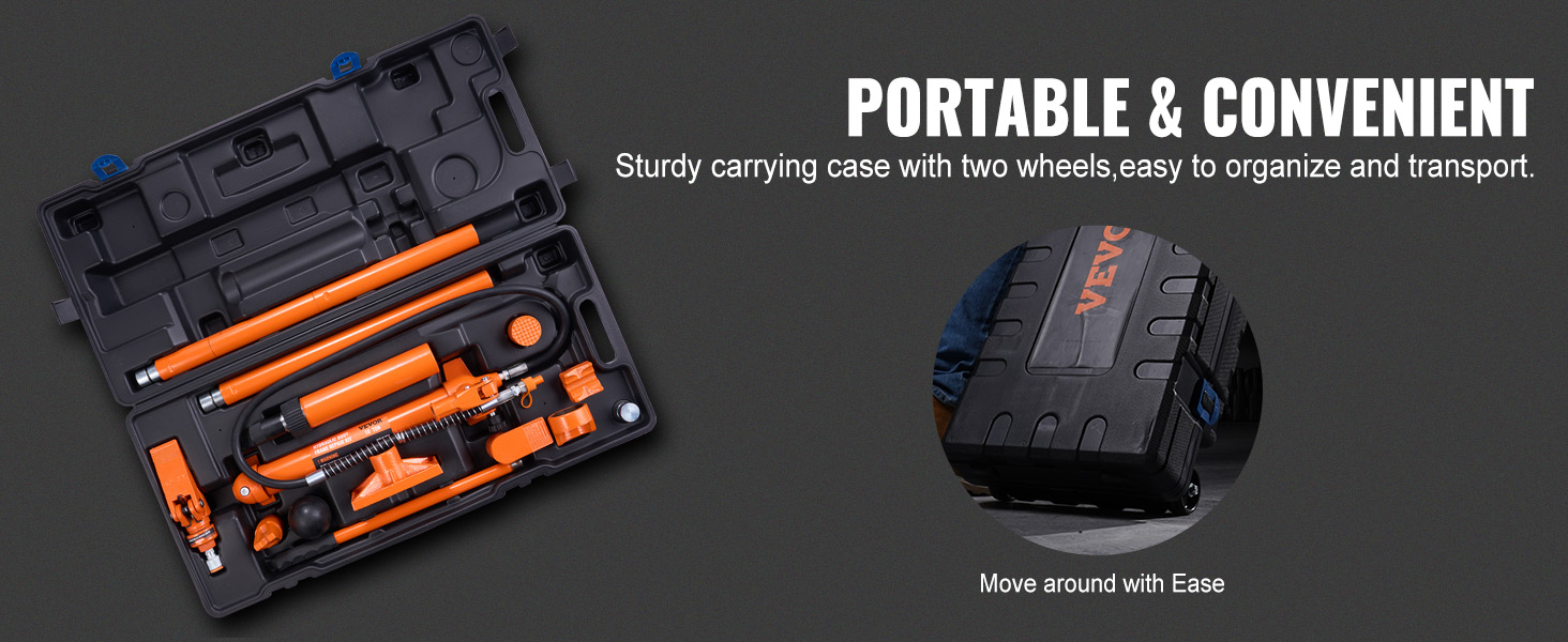 VEVOR porta power kit in a sturdy carrying case with two wheels, easy to organize and transport.
