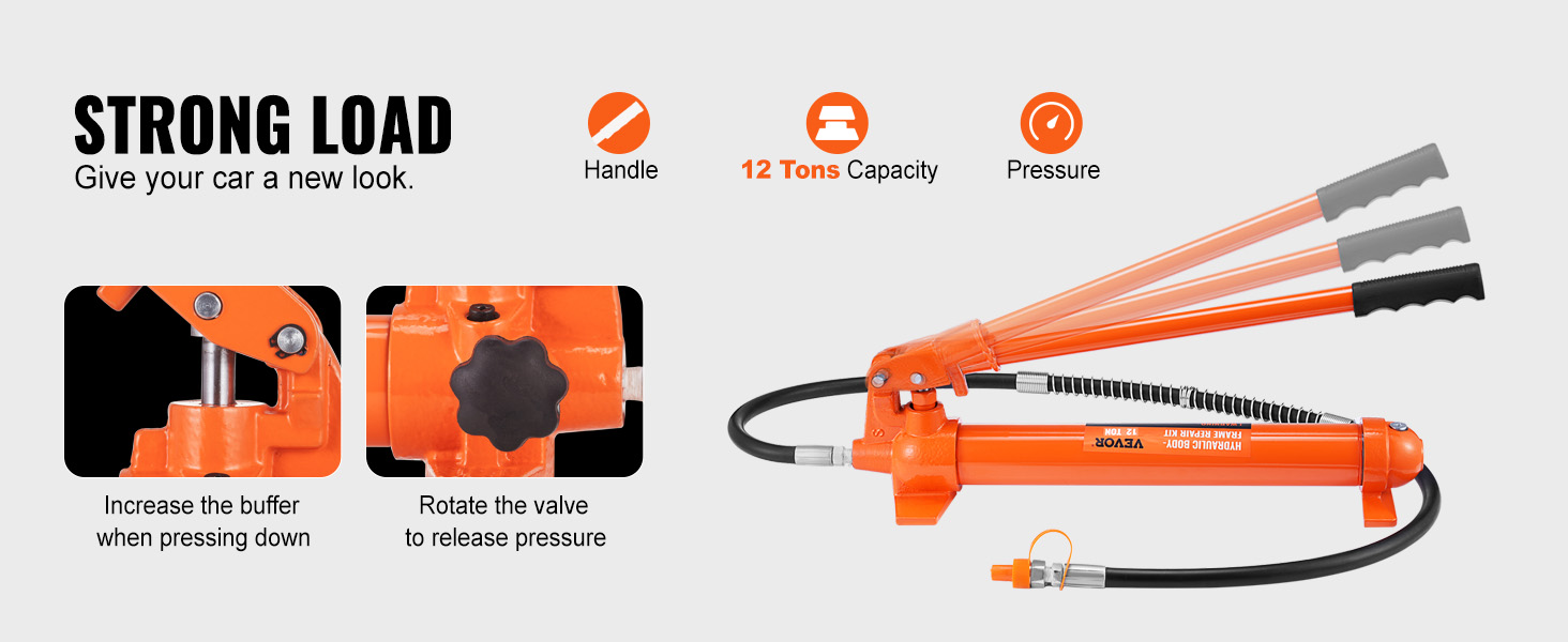 VEVOR porta power kit with 12 tons capacity and adjustable handle for pressure control.