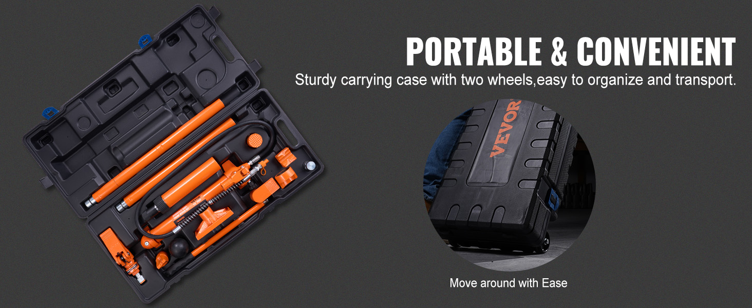 VEVOR porta power kit in carrying case with wheels; easy to organize and transport.