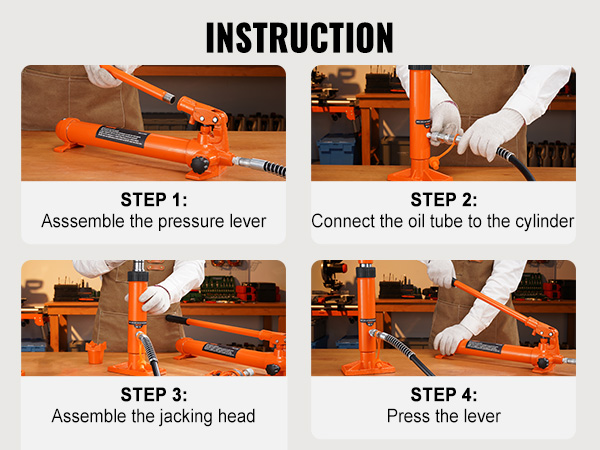 instruction guide featuring the assembly steps of the VEVOR porta power kit with tools and components.