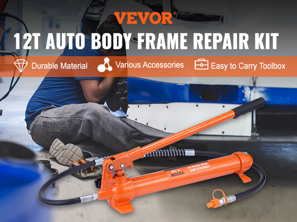 VEVOR porta power kit, 12t capacity with various accessories, displayed by a car trunk.