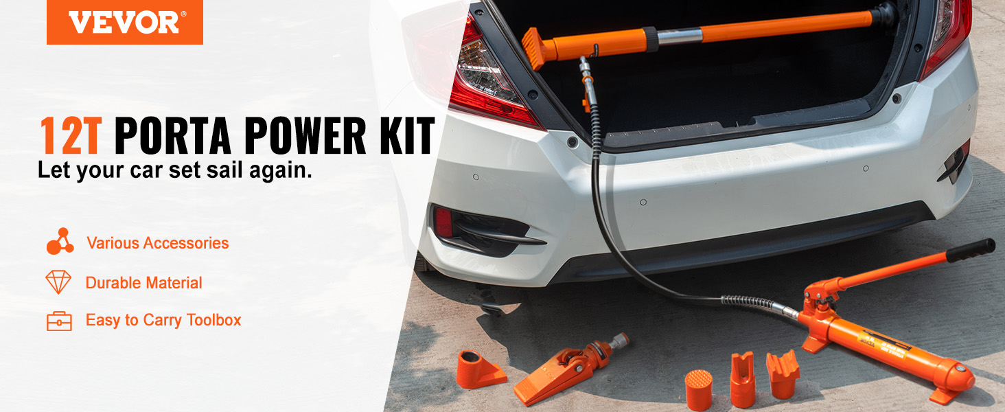 VEVOR porta power kit, 12t capacity with various accessories, displayed by a car trunk.