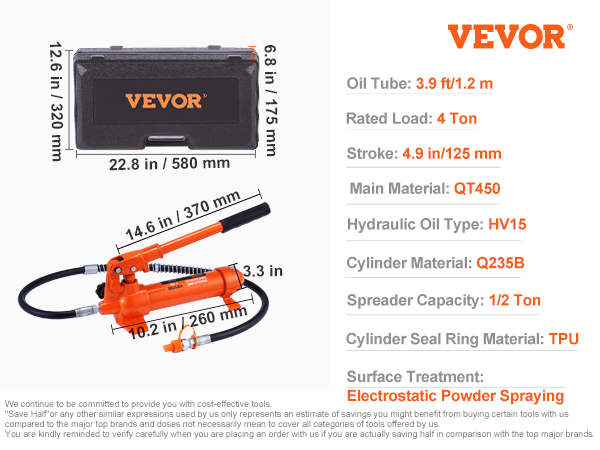 VEVOR porta power 4 ton kit with hydraulic pump, extension tubes, wrench set, and storage case.