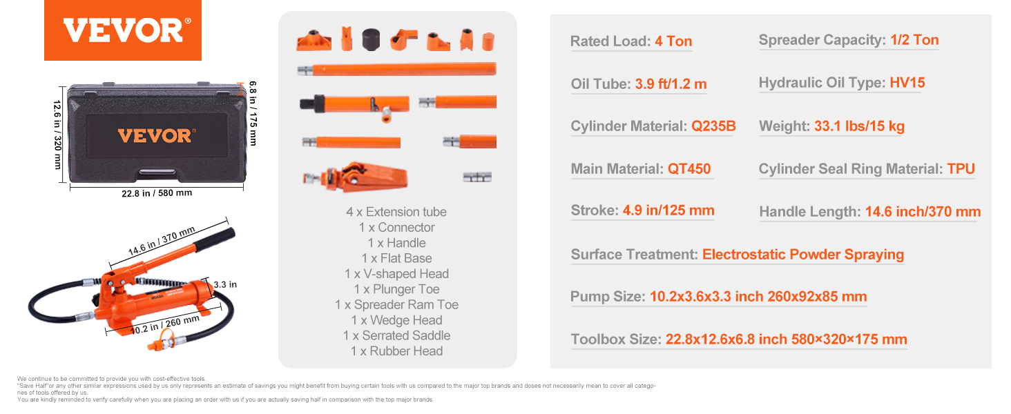 VEVOR porta power 4 ton kit with hydraulic pump, extension tubes, wrench set, and storage case.