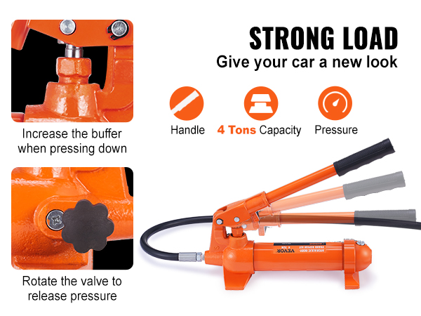 VEVOR porta power 4 ton with handle, 4 tons capacity, pressure indicators, and valve details.