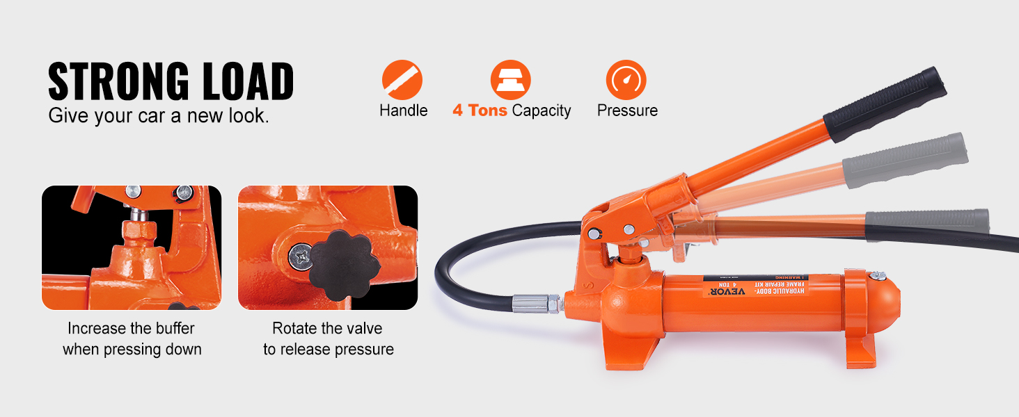 VEVOR porta power 4 ton with handle, 4 tons capacity, pressure indicators, and valve details.