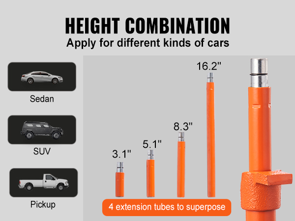 VEVOR porta power 4 ton height combinations for sedan, suv, and pickup with 4 extension tubes.