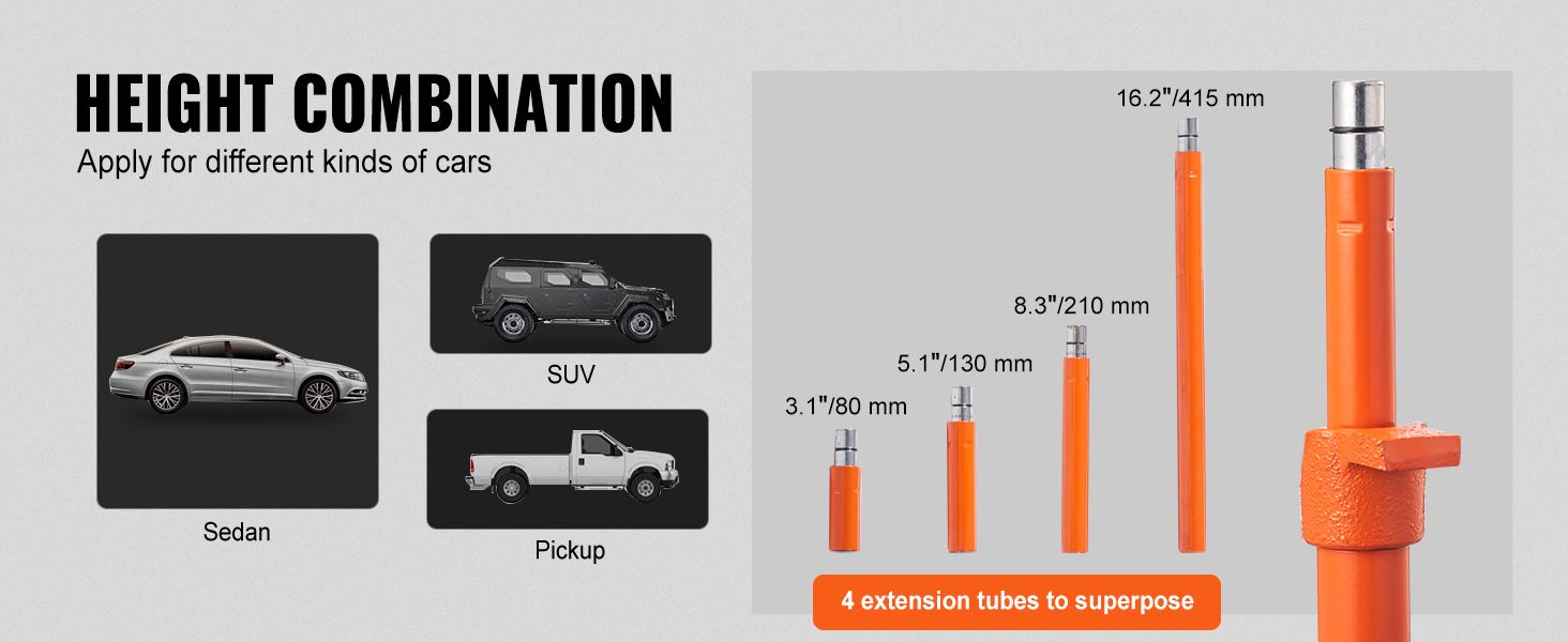 VEVOR porta power 4 ton height combinations for sedan, suv, and pickup with 4 extension tubes.