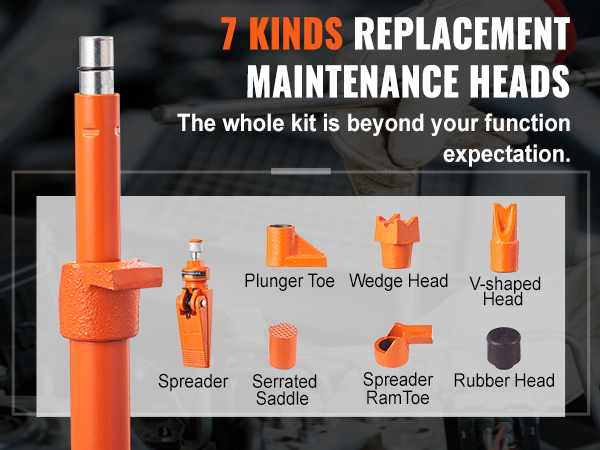 7 kinds of replacement maintenance heads for VEVOR porta power 4 ton in an automotive repair setting.