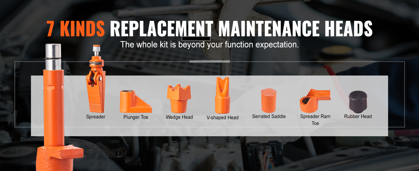 7 kinds of replacement maintenance heads for VEVOR porta power 4 ton in an automotive repair setting.