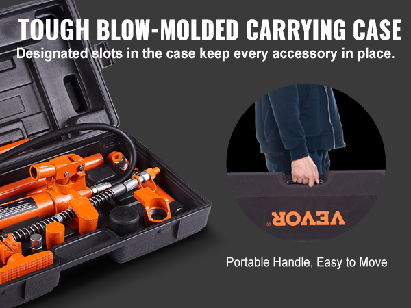 VEVOR porta power 4 ton in blow-molded carrying case with accessories, portable handle for easy transport.