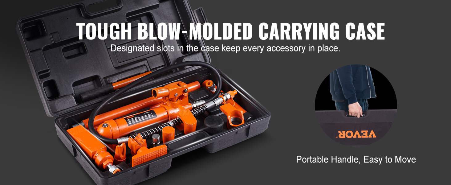 VEVOR porta power 4 ton in blow-molded carrying case with accessories, portable handle for easy transport.