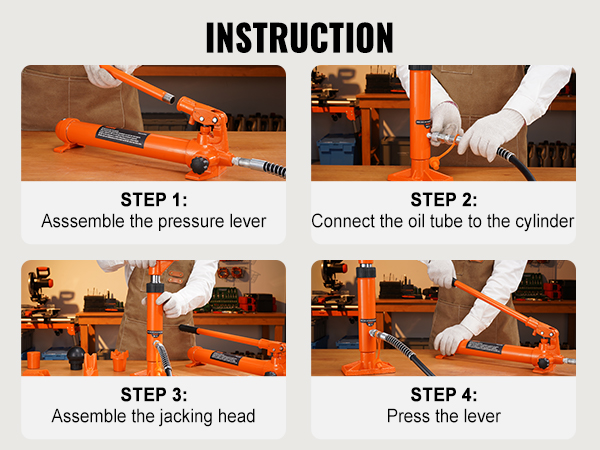 VEVOR porta power 4 ton: assemble lever, connect oil tube, assemble jack head, press lever.