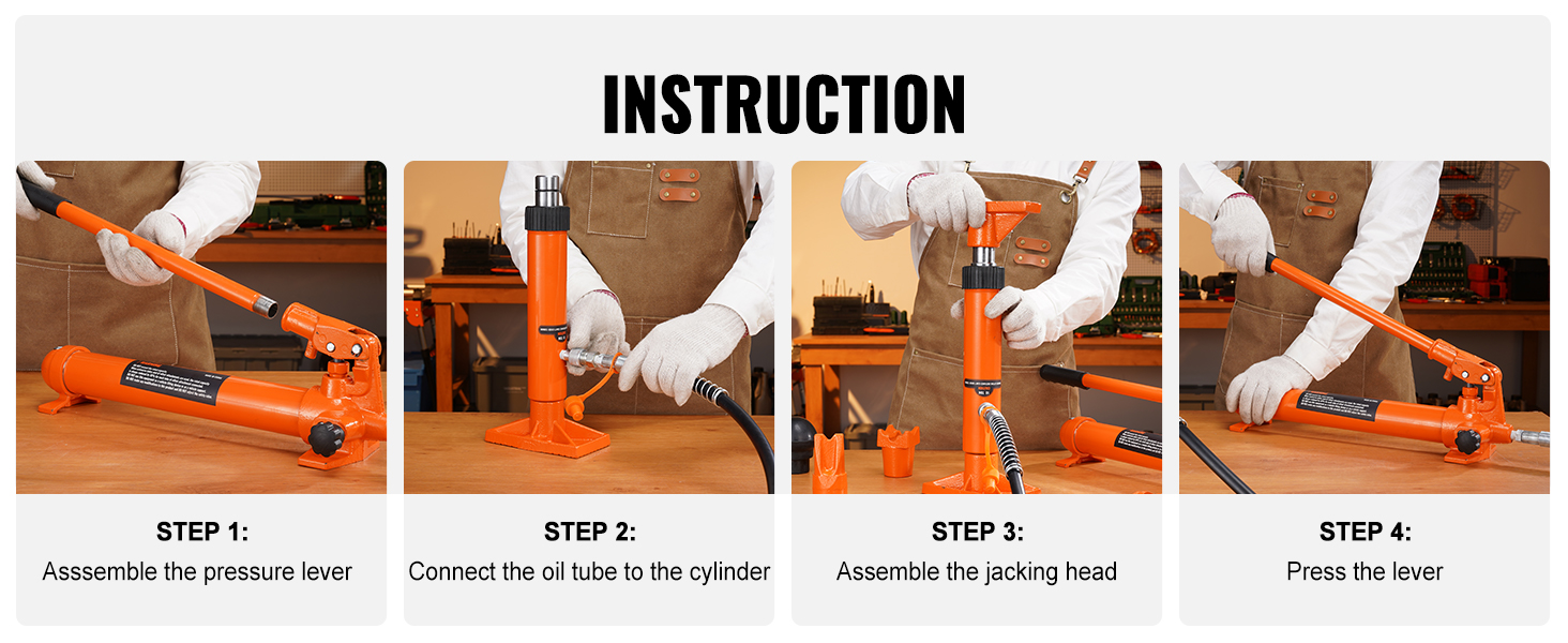 VEVOR porta power 4 ton: assemble lever, connect oil tube, assemble jack head, press lever.