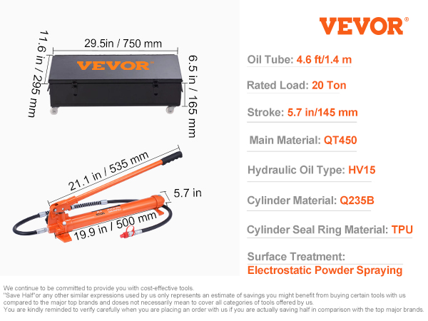 VEVOR 20 ton porta power kit with hydraulic ram, extension tubes, and storage case.