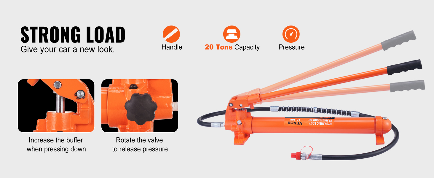 VEVOR 20 ton porta power kit with handle and pressure valve, offering 20 tons capacity for strong loads.