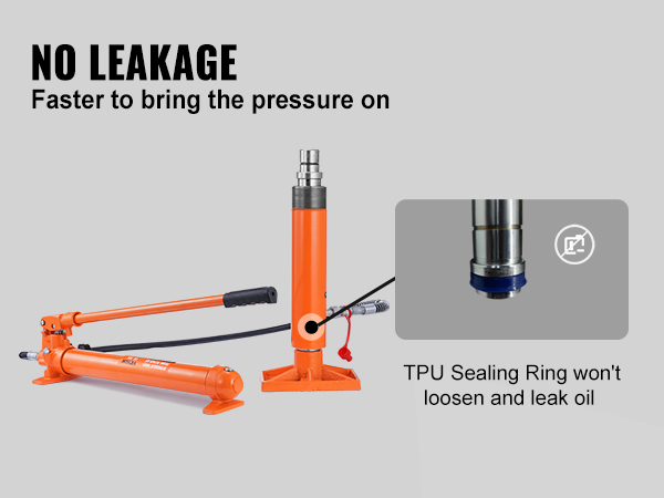 orange hydraulic jack with handle, emphasizing no leakage, tpu sealing ring, VEVOR 20 ton porta power kit